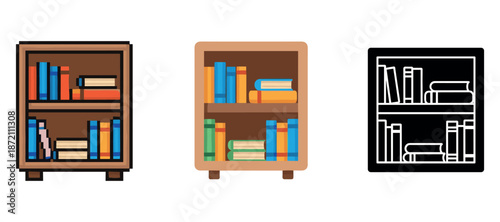 Colorful books on wooden bookshelves and minimalist black outline