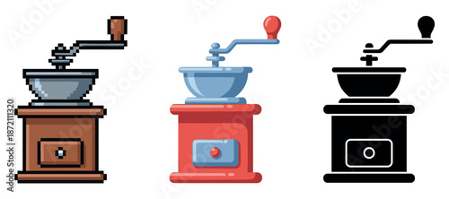 Vintage coffee grinder variations: pixel art, retro style, silhouette designs