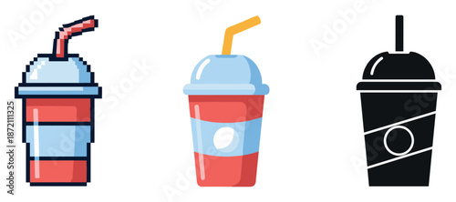 Illustration of three stylized soda cups with straws
