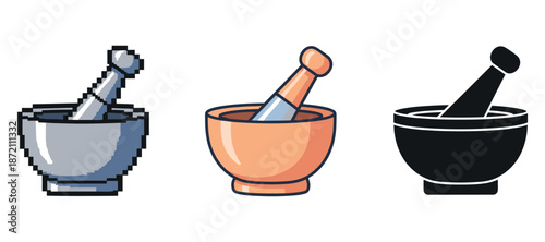 Three mortar and pestle designs in pixel art, simple, and silhouette styles