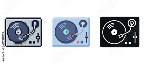 Set of three stylized turntables with retro and modern designs