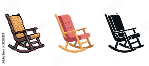 Pixel, contemporary, and silhouette rocking chairs on white background
