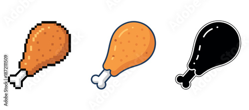 Three styles of chicken drumstick icons: pixel, cartoon, silhouette