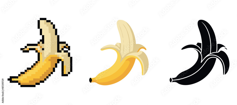 Obraz premium Pixelated, realistic, and silhouette bananas in three styles