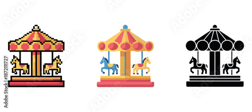 Pixelated, colorful, and silhouette carousel icons with horses