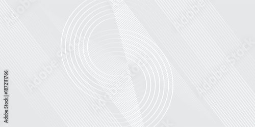 Abstract white glowing geometric lines on gray background. Modern shiny white circle lines pattern. Futuristic technology concept. Suit for cover, poster, banner, brochure, header, website vector