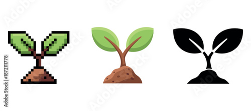 Evolution of sprouting plant designs: pixelated, vector, and silhouette styles