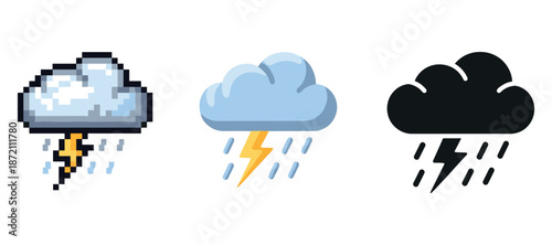Pixelated and flat design thunderstorm cloud icons with lightning and rain