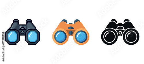 Set of binocular symbols: pixel, flat, and silhouette styles