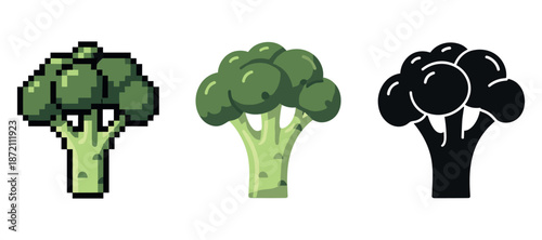Pixelated, cartoon, and silhouette broccoli illustrations on white background