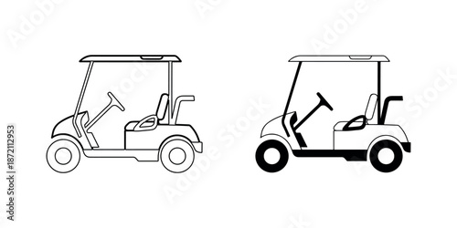 Minimalist golf cart line icons showing outline and silhouette versions of utility vehicle