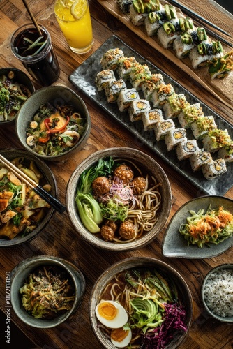 Top-down view of a wooden table laden with various Asian dishes and drinks