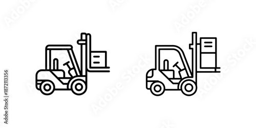 Forklift truck lifting cargo box outline vector icon set for logistics and warehouse use