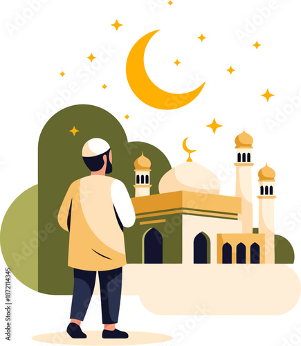 Man in white cap looking mosque.