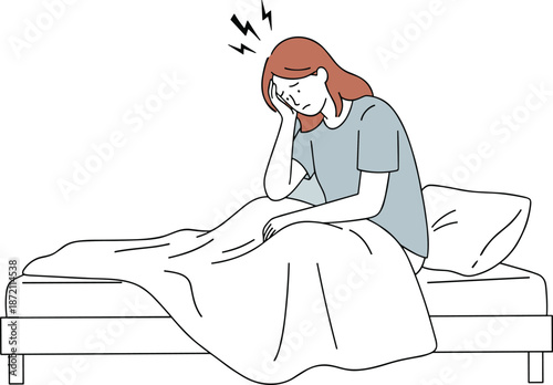 Woman suffering headache in bed illustration, health problem concept, insomnia and migraine pain, stress symptom vector for medical awareness design