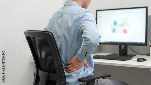 A person sitting at a desk experiences back pain while working on a computer.