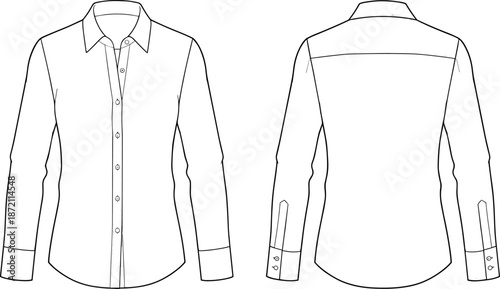 Women long sleeve button shirt technical flat, front and back view, fashion vector illustration for apparel design cad template