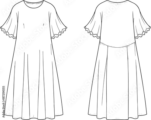 Women maxi dress technical flat, front and back view, flutter sleeve fashion vector illustration for apparel design cad template