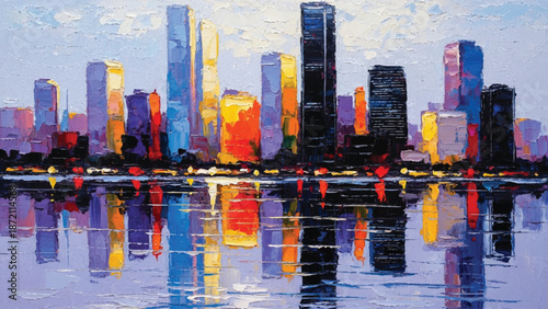 A vibrant impressionistic painting showcases a colorful cityscape reflected in shimmering water.
