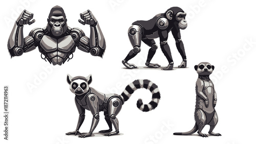 A collection of robotic primates and a meerkat, showcasing mechanical animal designs with metallic textures.