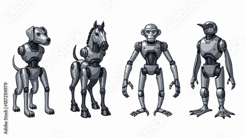 Four detailed robotic animal figures including a dog, horse, monkey, and penguin, standing on a white background.