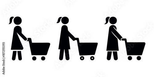 Three stick figure women pushing shopping carts, consumerism and retail activity