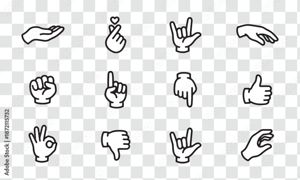 Fototapeta premium Outline Hand Gesture Icon Set Thumbs Up, Fist, OK, Finger Heart. Vector for Communication and Interaction