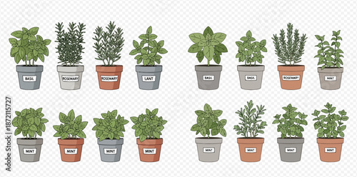 Set of potted herbs, including basil, rosemary, mint, and oregano, for cooking and gardening.