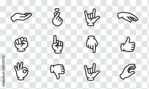 Outline Hand Gesture Icon Set Thumbs Up, Fist, OK, Finger Heart. Vector for Communication and Interaction