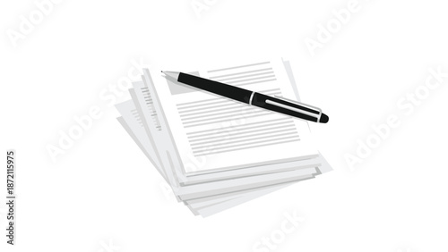 A neat stack of white papers is presented with a sleek black pen resting precisely on top, symbolizing documentation, writing, agreement, and official procedures in a professional setting.