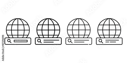 Group of four globe search engine icons with search bars and magnifying glass symbols
