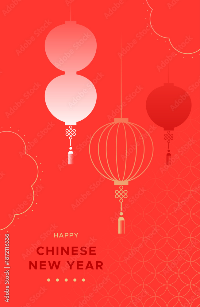 Obraz premium Happy Chinese New Year modern paper lantern illustration in abstract style. China culture festival event design with gold fortune decoration and asian symbol art.