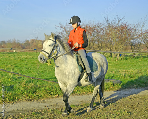 A girl rides a horse on a sunny autumn day