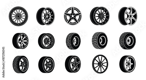 Collection of various car wheels and a silhouette of off road vehicles