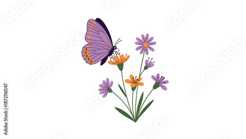 A beautiful purple butterfly with orange markings rests gently on a cluster of orange and purple flowers with green leaves, representing natural harmony.
