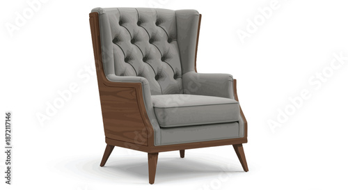 Gray upholstered armchair with wooden frame on a plain background