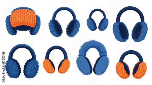 A collection of fuzzy earmuffs and a trapper hat, in shades of blue and orange, are presented, offering warm ear protection for cold weather conditions.