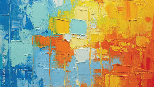 Abstract expressionism painting with bold strokes of blue, yellow, and orange hues