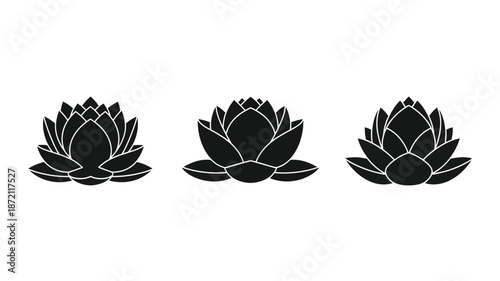 Three black lotus flower shapes in a minimalist design silhouette