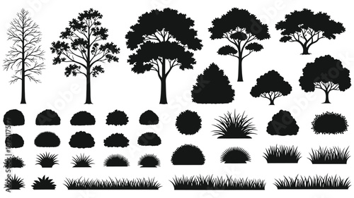 Collection of various tree and plant forms in black silhouette