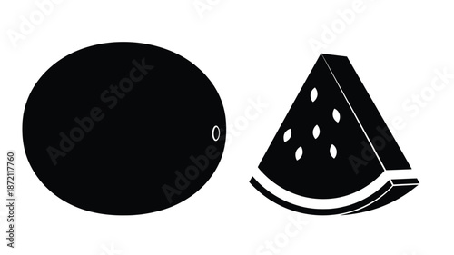 Two fruits a circular orange and a watermelon slice in silhouette