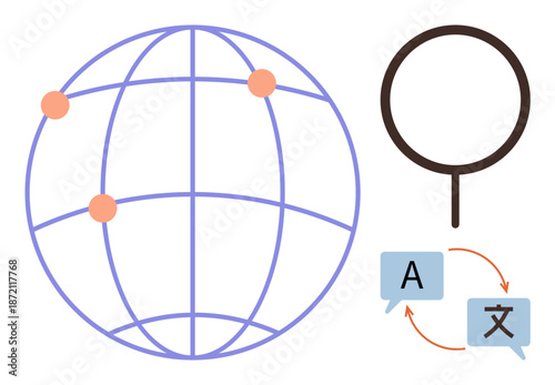 Language services, global access, localization, interpretation, international communication, translation. Globe with points, speech bubbles with language icons and magnifying glass. Translation
