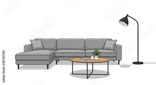 Gray sectional sofa with floor lamp, coffee table, and plant on white