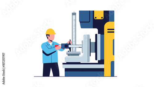 A male worker in a hard hat and uniform operates an industrial machine, measuring a component, symbolizing manufacturing and essential quality control.