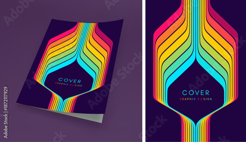 Softcover book layout. The curve of the colored lines creates a frame in the center. Space for text. Retro 1970s or 1980s style. Dynamic ribbons. Cover design template. Vector illustration.