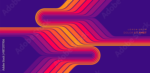 Two elements from a set of colored lines are directed towards each other. Space for text. Retro style. Dynamic ribbons. Color gradient. Vector for brochure, poster, cover, presentation, flyer, banner.