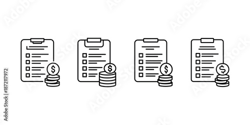 Four clipboards with checklists and stacks of dollar coins illustrating financial tasks