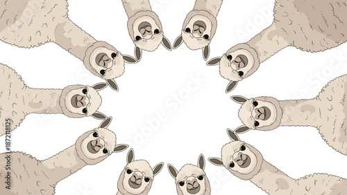 Alpaca heads in a circular arrangement (light brown) face a central white blank circle, creating a charming and customizable frame.