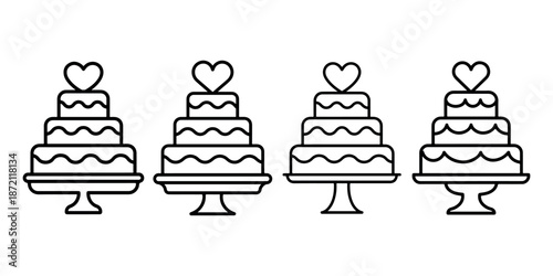 Wedding cake vector set, decorated with heart on top, celebrating love and marriage