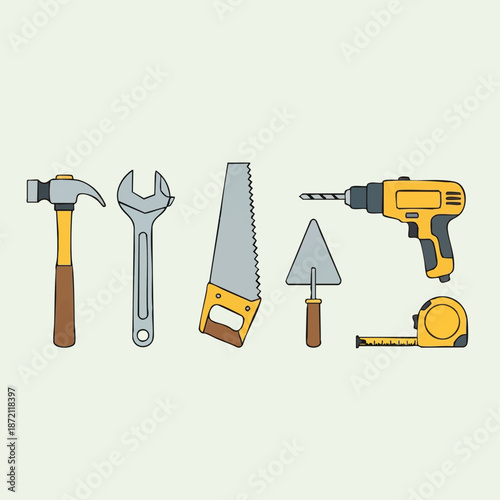 Hand tools set carpentry equipment hammer wrench saw drill.